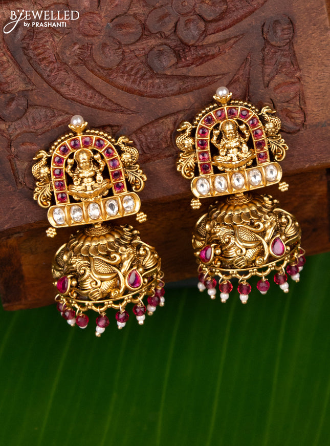 Antique jhumka lakshmi design with pink kemp & cz stones and crystal beads hanging