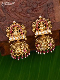 Antique jhumka lakshmi design with pink kemp & cz stones and crystal beads hanging