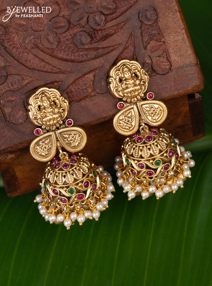Antique jhumka lakshmi design with kemp stones and pearl hanging