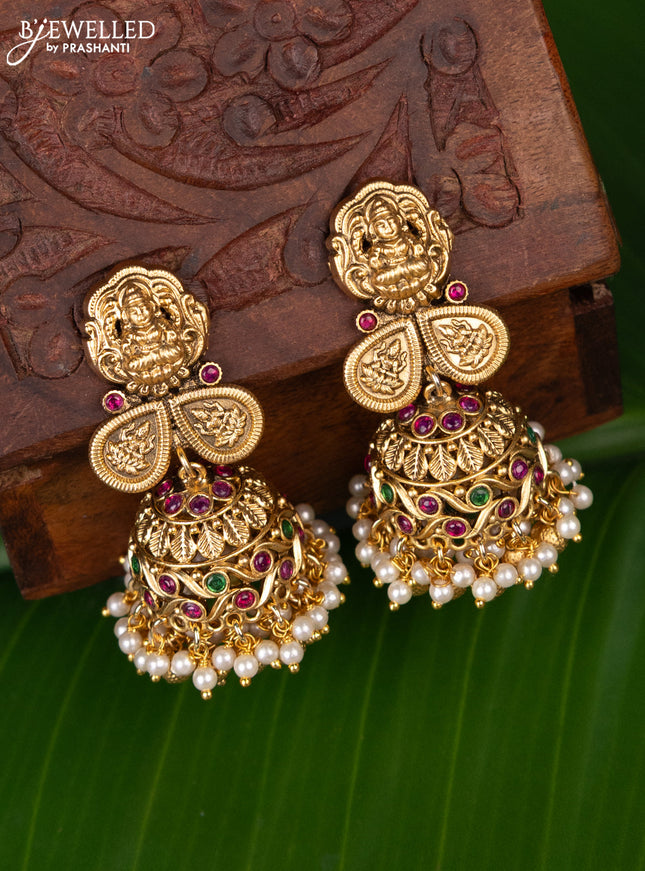 Antique jhumka lakshmi design with kemp stones and pearl hanging