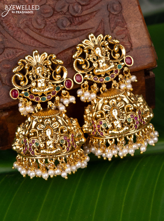 Antique jhumka ganesha design with kemp stones and pearl hanging