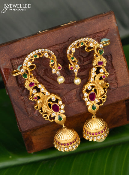 Antique earcuff jhumka peacock design with kemp & cz stones and pearl hanging