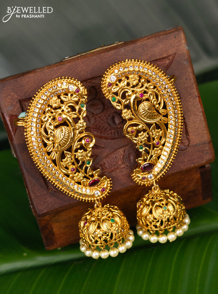 Antique earcuff jhumka peacock design with kemp & cz stones and pearl hanging
