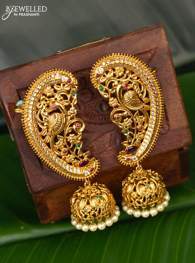Antique earcuff jhumka peacock design with kemp & cz stones and pearl hanging