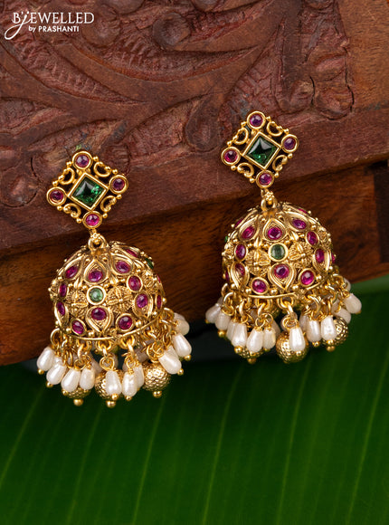 Antique jhumka with kemp stones and pearl hanging