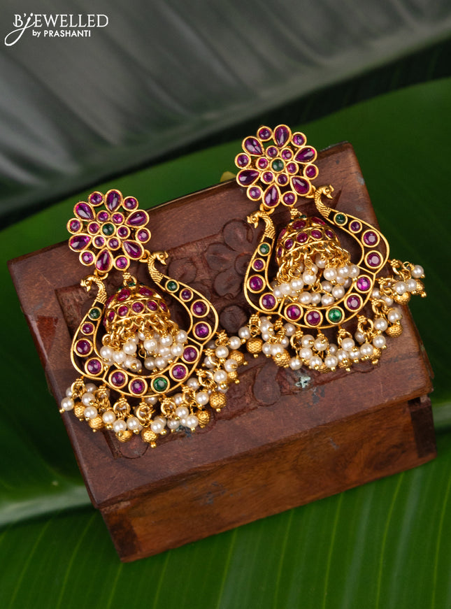 Antique jhumka floral design with kemp & pearl and golden beads hanging