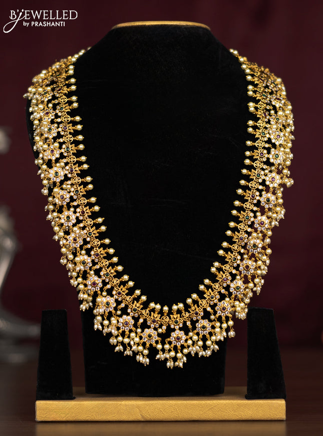 Antique guttapusalu haaram floral design with kemp & cz stones and pearl hangings without earring