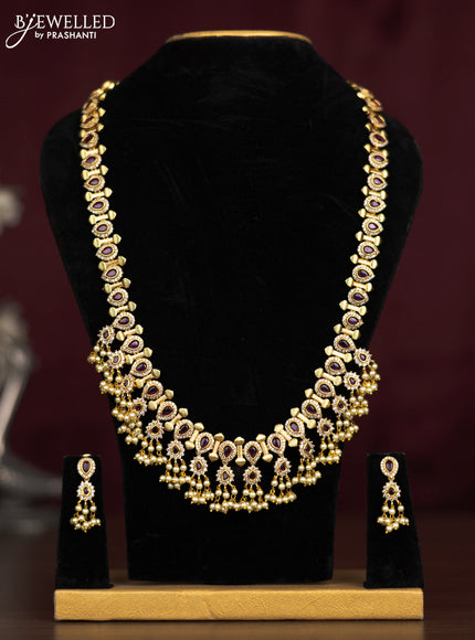Antique guttapusalu haaram with pink kemp & cz stones and pearl hangings