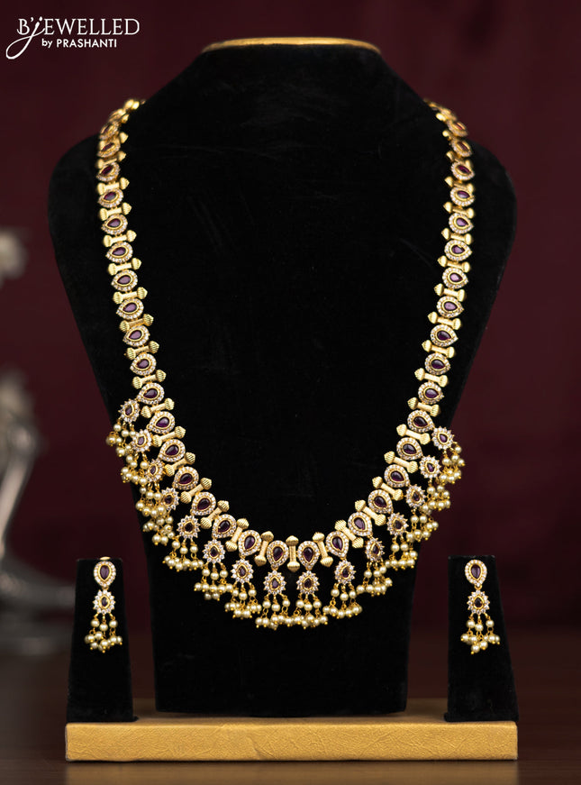 Antique guttapusalu haaram with pink kemp & cz stones and pearl hangings