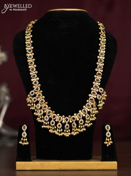 Antique guttapusalu haaram with emerald & cz stones and pearl hangings
