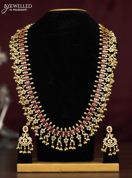 Antique guttapusalu haaram swan design with pink kemp & cz stones and pearl hangings