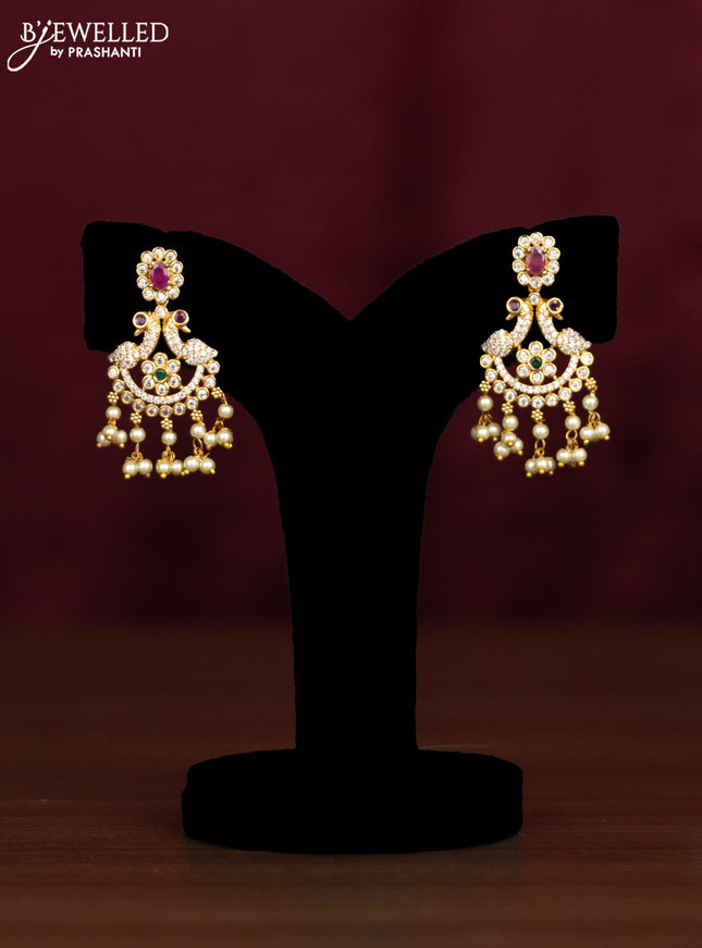 Antique guttapusalu haaram swan design with pink kemp & cz stones and pearl hangings