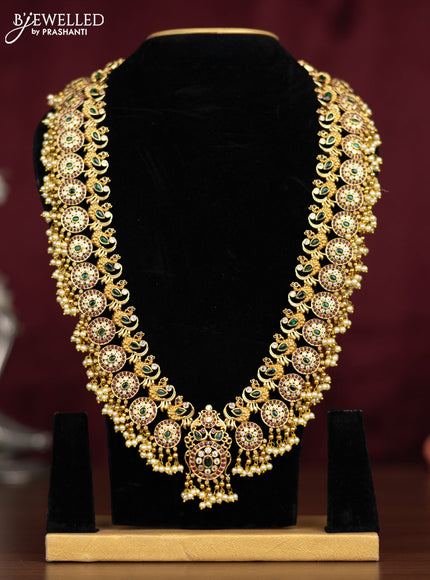 Antique guttapusalu haaram peacock design with kemp & cz stones and pearl hangings without earring