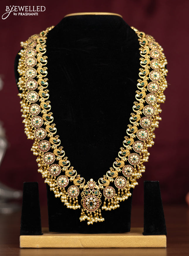 Antique guttapusalu haaram peacock design with kemp & cz stones and pearl hangings without earring