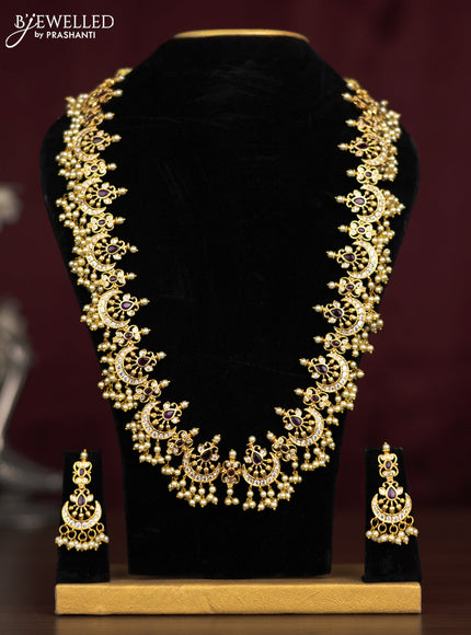 Antique guttapusalu haaram chandbali design with pink kemp & cz stones and pearl hangings