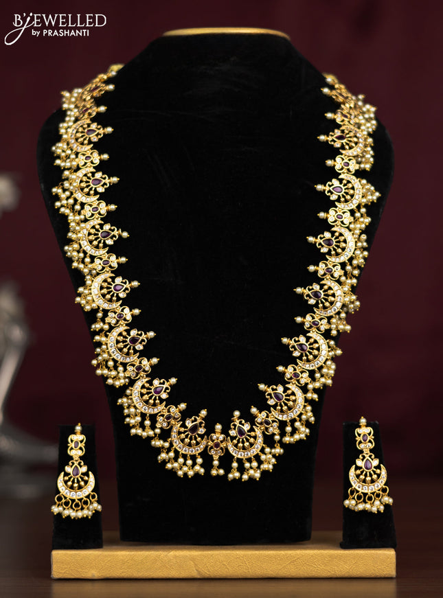 Antique guttapusalu haaram chandbali design with pink kemp & cz stones and pearl hangings