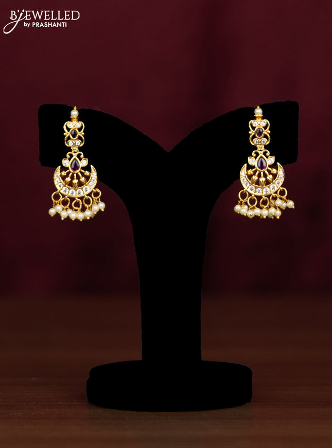 Antique guttapusalu haaram chandbali design with pink kemp & cz stones and pearl hangings