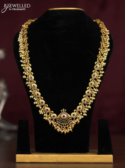 Antique guttapusalu haaram chandbali & maanga pattern with kemp & cz stones and pearl hangings without earring