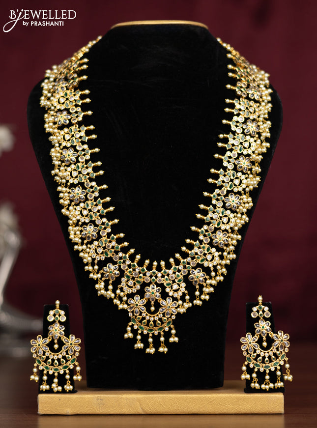 Antique guttapusalu haaram floral design with emerald & cz stones and pearl hangings