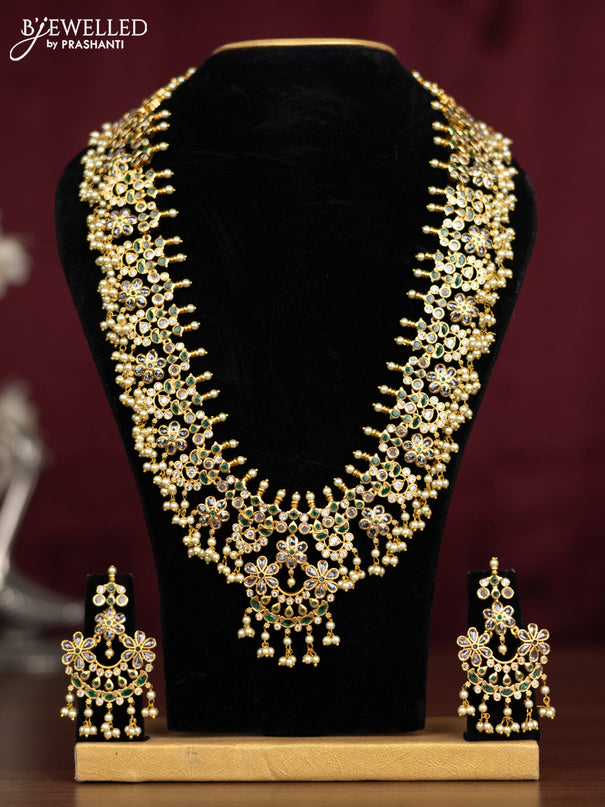 Antique guttapusalu haaram floral design with emerald & cz stones and pearl hangings