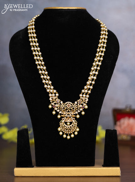 Pearl haaram with kemp & cz stones and pearl hangings without earrings