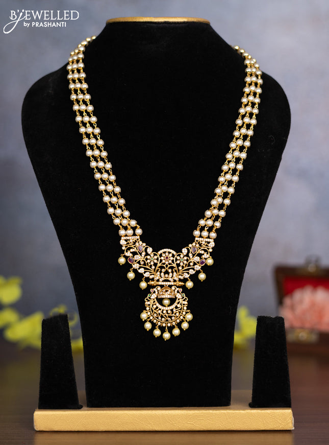 Pearl haaram with kemp & cz stones and pearl hangings without earrings