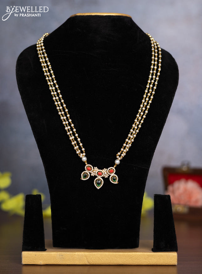 Pearl haaram with red & green kemp and cz stones