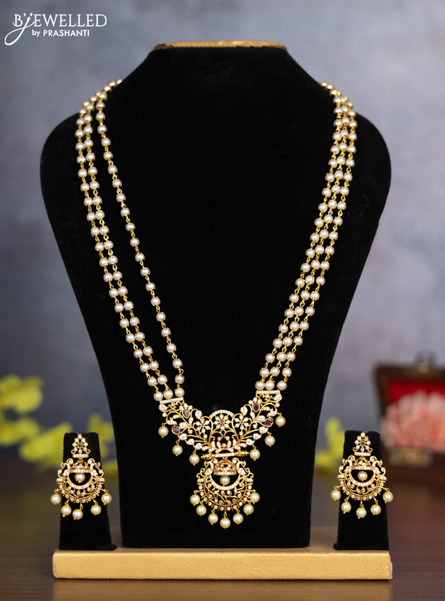 Pearl haaram with kemp & cz stones and pearl hangings