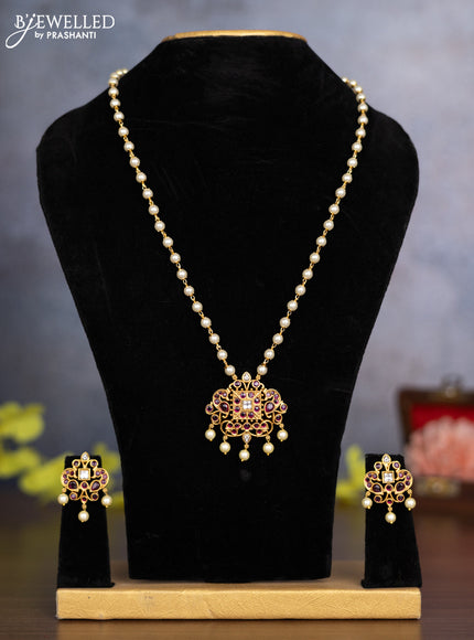 Pearl necklace with ruby & kundan stones and pearl hangings