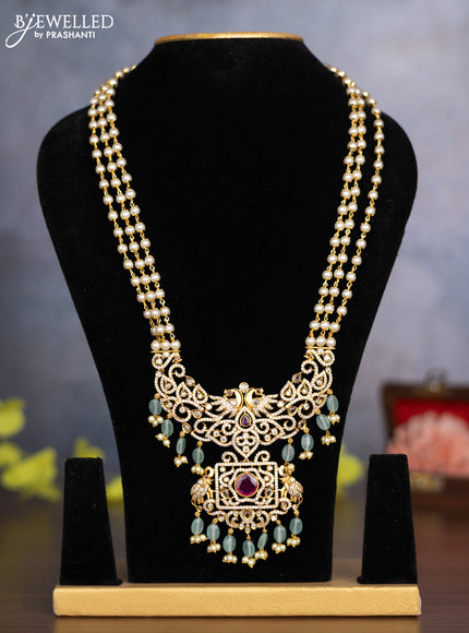 Pearl haaram peacock & elephant design with ruby & cz stones and pearl & beads hanging without earrings