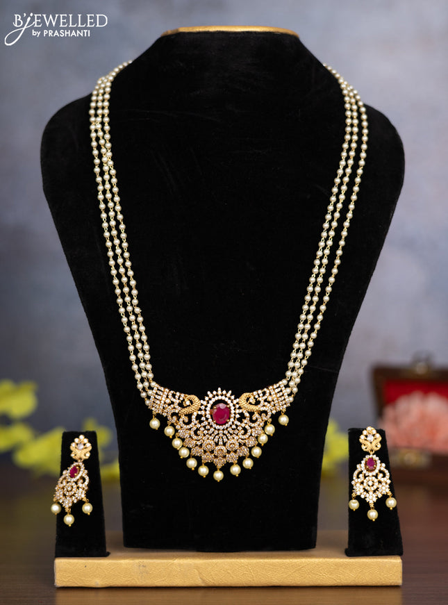 Pearl haaram with ruby & cz stones and pearl hangings