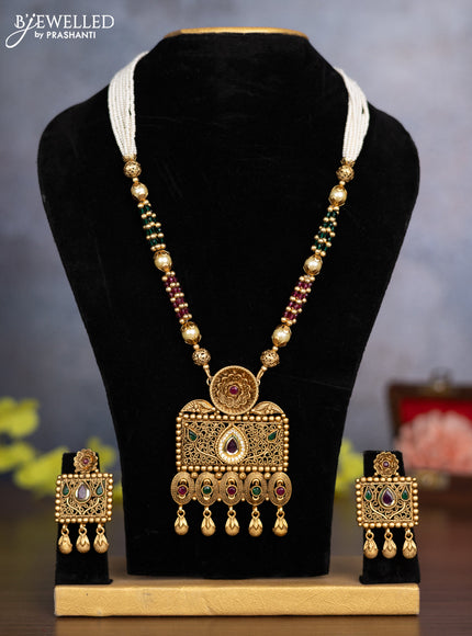 Pearl necklace floral design with kemp & cz stones and hanging