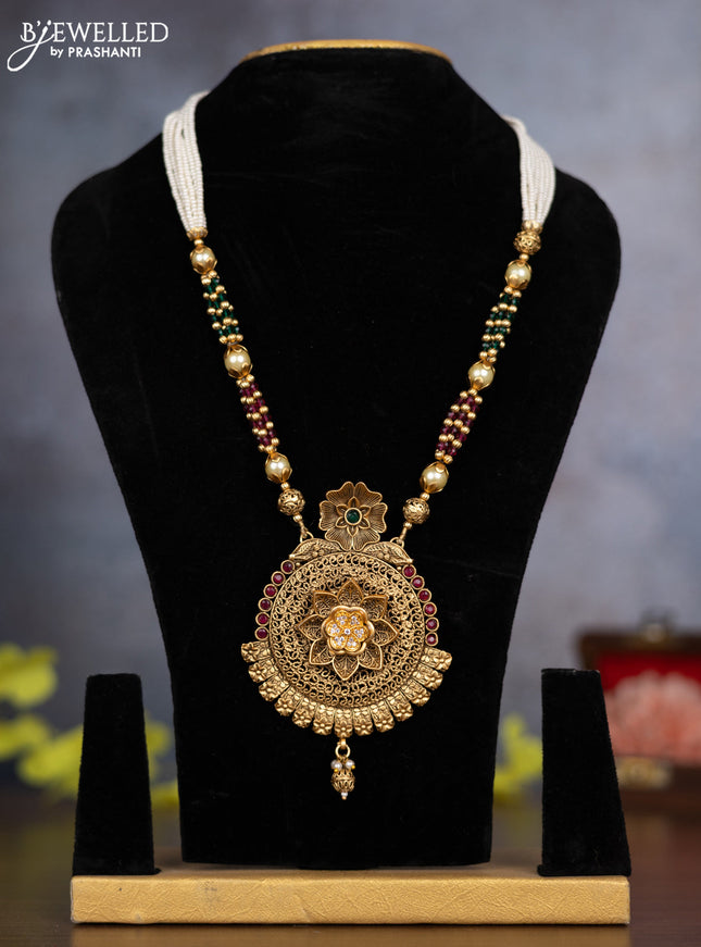 Pearl necklace floral design with kemp & cz stones and hanging without earrings