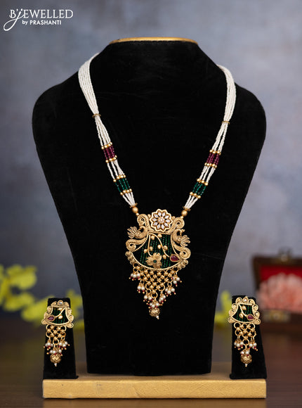 Pearl necklace peacock design with kemp & cz stones and pearl & golden beads hanging