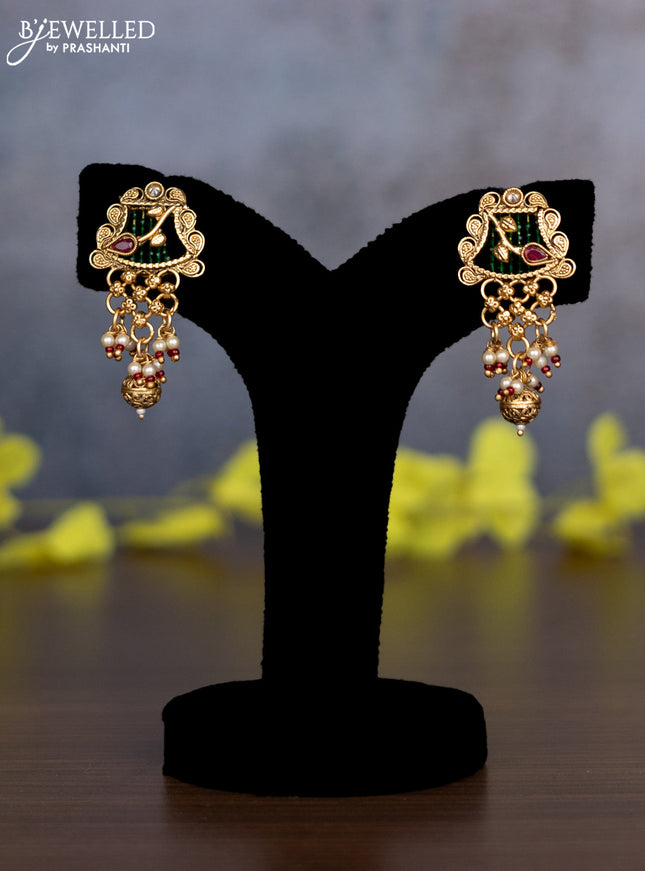 Pearl necklace peacock design with kemp & cz stones and pearl & golden beads hanging