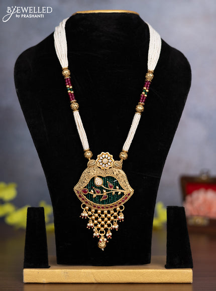 Pearl necklace with ruby & cz stones and pearl & golden beads hanging without earrings