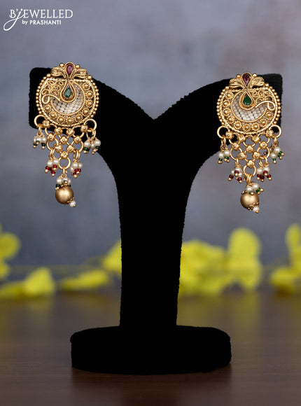 Pearl necklace floral design with kemp & kundan stones and pearl & golden beads hanging