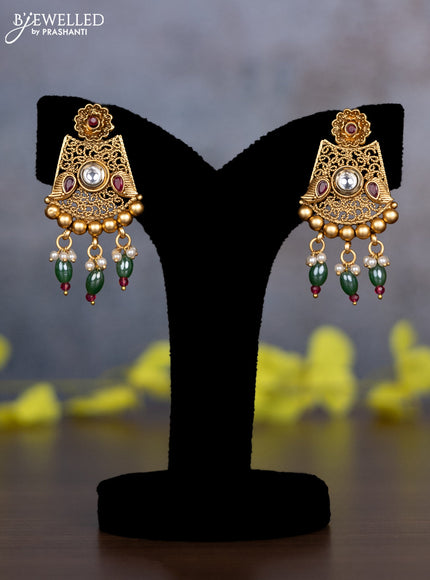 Pearl necklace floral design with ruby & cz stones and pearl & green beads hanging