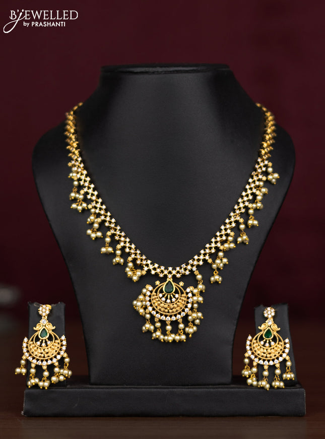 Antique guttapusalu necklace with emerald & cz stones and pearl hangings