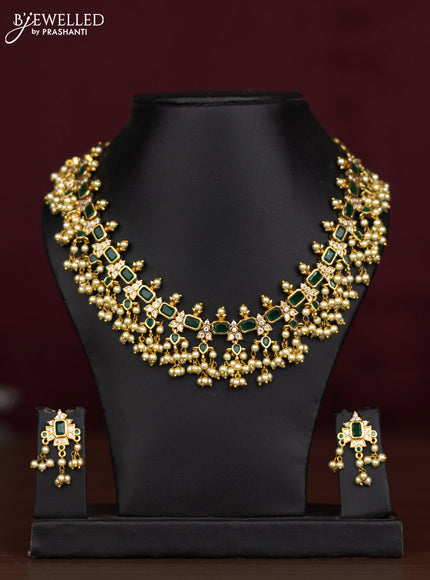 Antique guttapusalu necklace with emerald & cz stones and pearl hangings