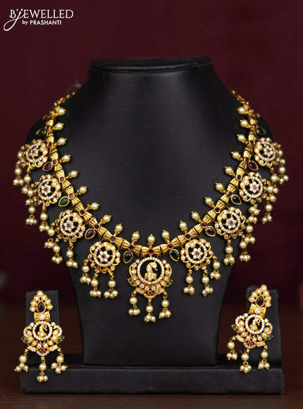 Antique guttapusalu necklace peacock design with kemp & cz stones and pearl hangings