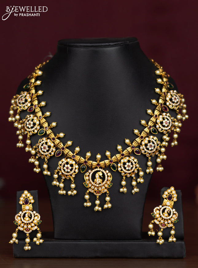 Antique guttapusalu necklace peacock design with kemp & cz stones and pearl hangings