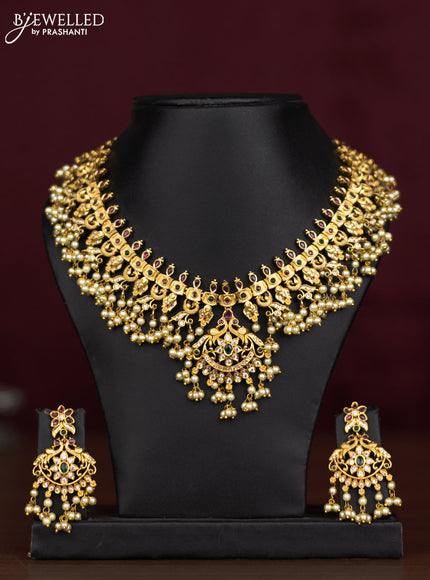 Antique guttapusalu necklace peacock design with kemp & cz stones and pearl hangings