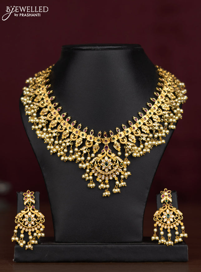 Antique guttapusalu necklace peacock design with kemp & cz stones and pearl hangings