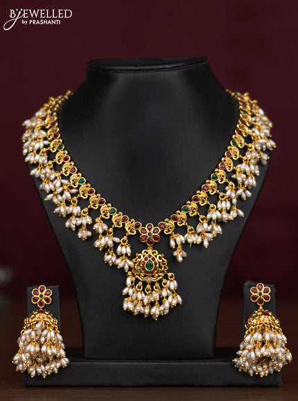 Antique guttapusalu necklace peacock & floral design with kemp stones and pearl hangings