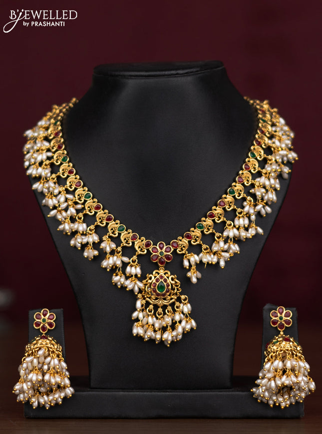 Antique guttapusalu necklace peacock & floral design with kemp stones and pearl hangings