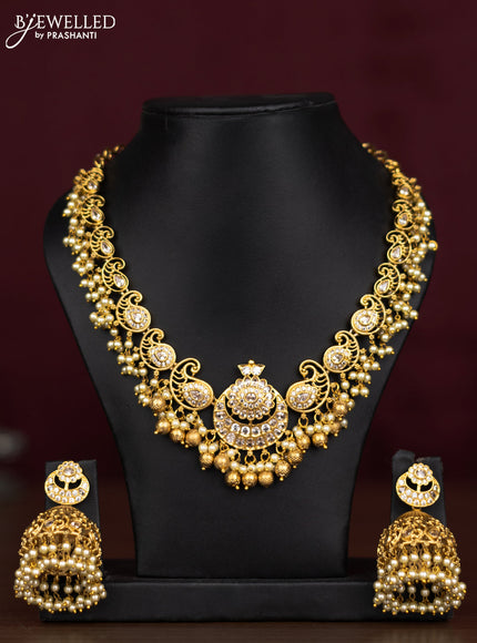 Antique guttapusalu necklace chandbali & maanga pattern with cz stones and pearl hangings