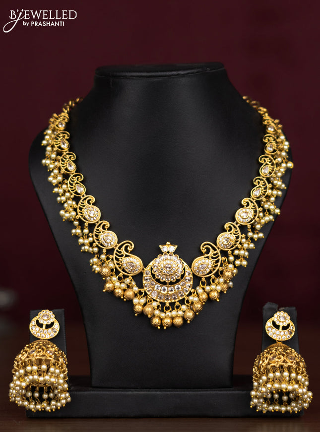 Antique guttapusalu necklace chandbali & maanga pattern with cz stones and pearl hangings