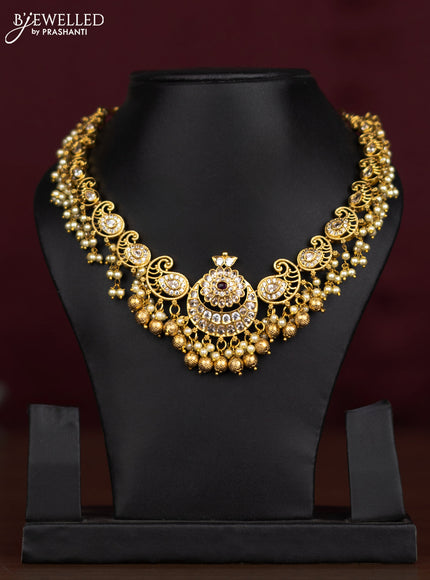 Antique guttapusalu necklace chandbali & maanga pattern with cz ,ruby stones and pearl hangings without earring