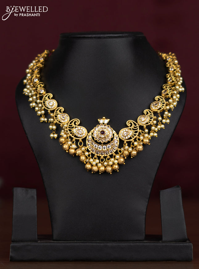Antique guttapusalu necklace chandbali & maanga pattern with cz ,ruby stones and pearl hangings without earring